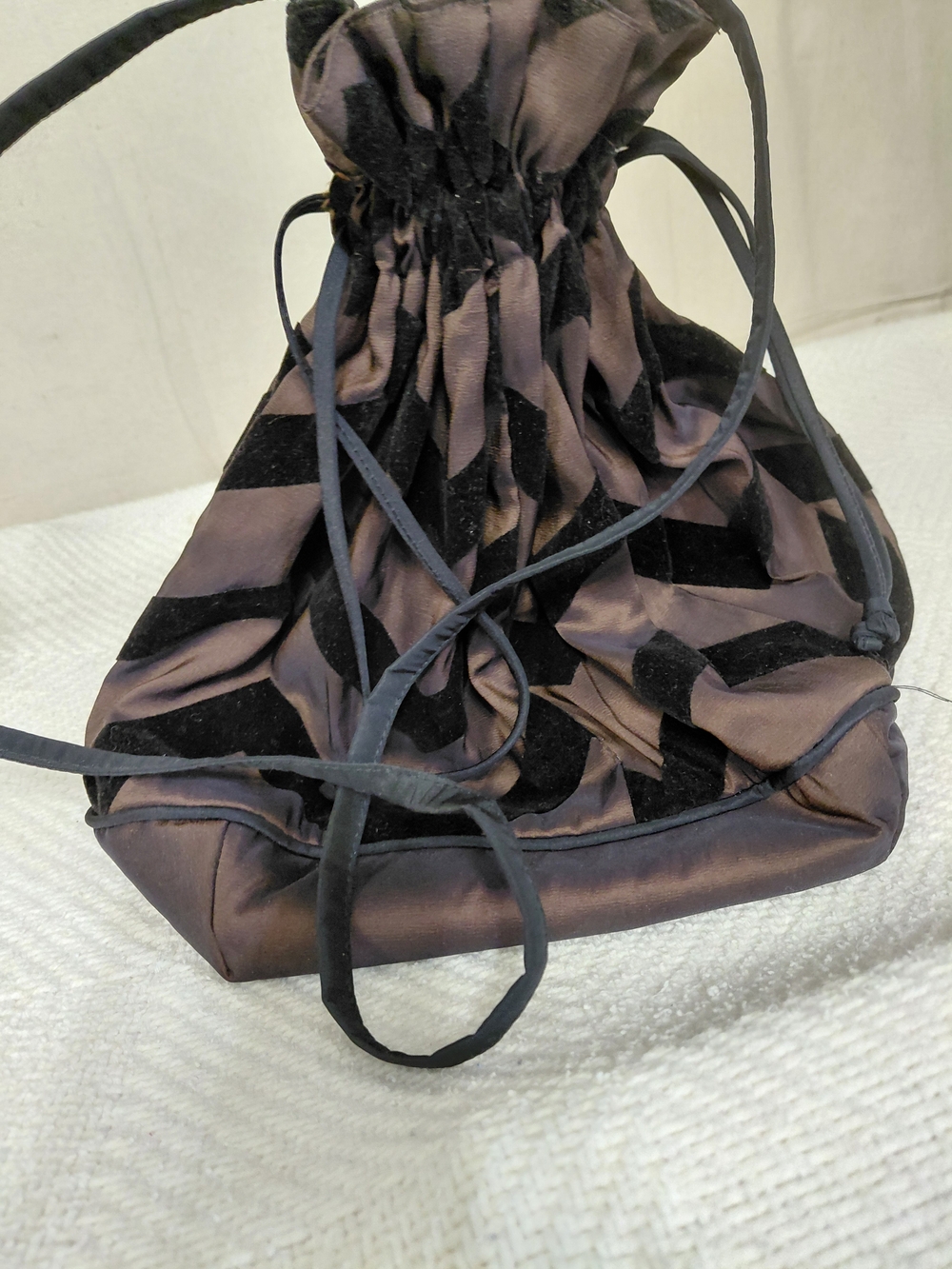 Classic Drawstring Satin Pouch Bag in Brown and Black